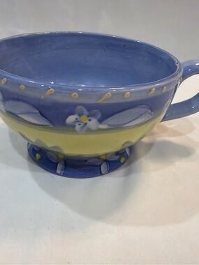 Hand-Painted Blue and Yellow Floral Ceramic Teacup